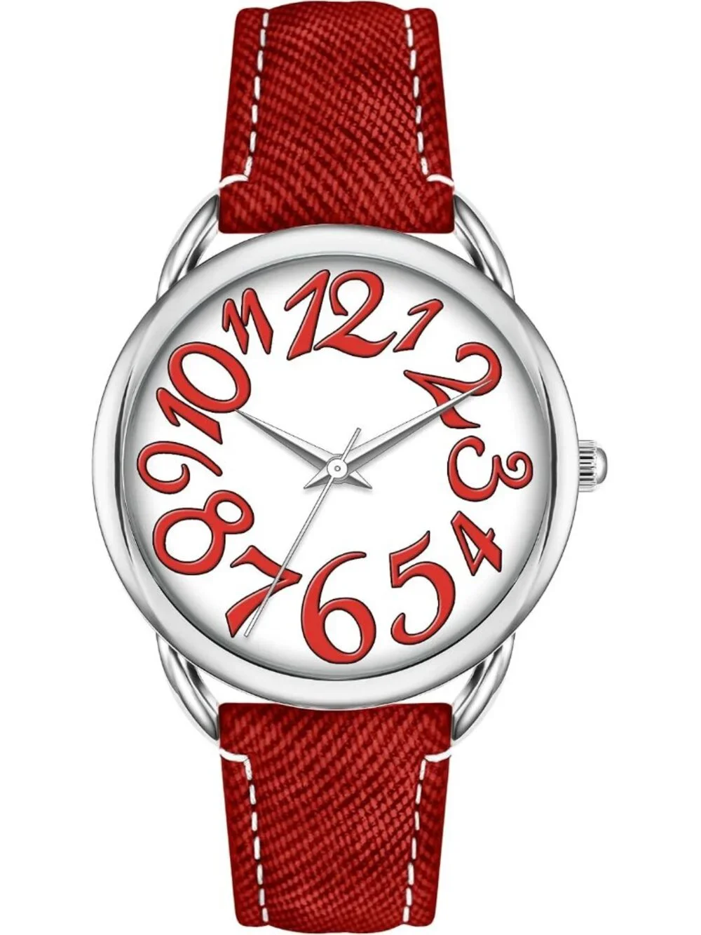 Women's Red Silver Big Arabic Number Dial Easy to Read Denim Leather Strap Watch